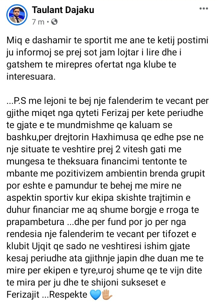 Screenshot 20210116 160356 Facebook - Taulant Dajaku njofton ndarjen me Ferizajn, në pritje të ofertave të reja